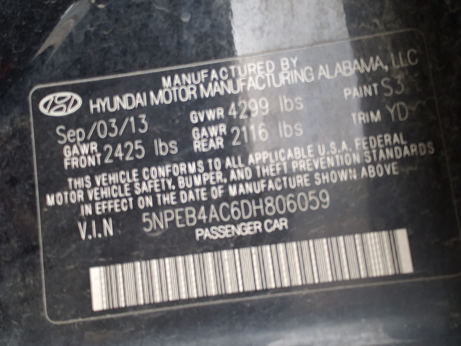 Photo 9 VIN: 5NPEB4AC6DH806059 - HYUNDAI SONATA GLS 