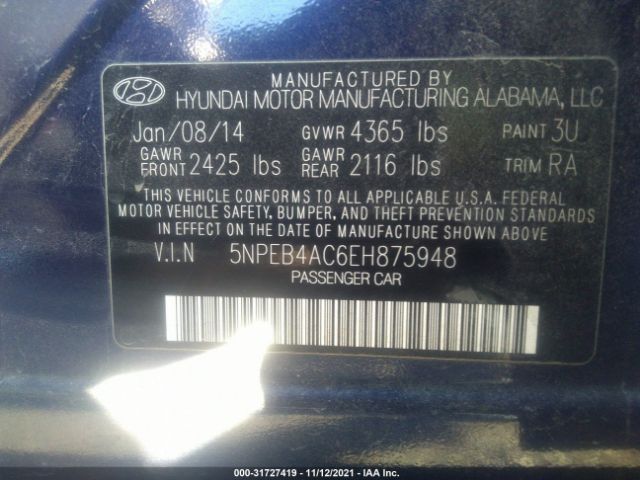 Photo 8 VIN: 5NPEB4AC6EH875948 - HYUNDAI SONATA 