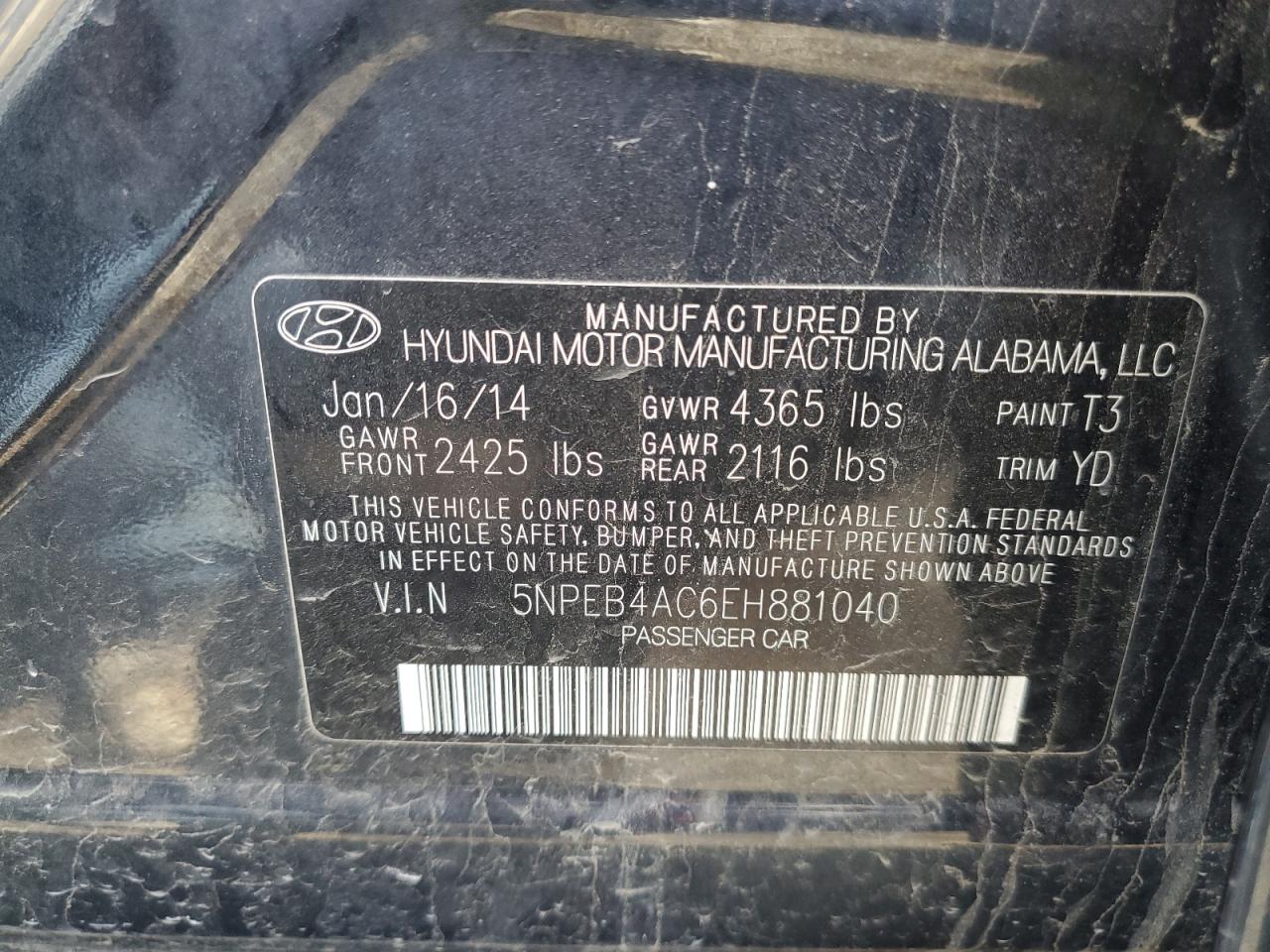 Photo 11 VIN: 5NPEB4AC6EH881040 - HYUNDAI SONATA 