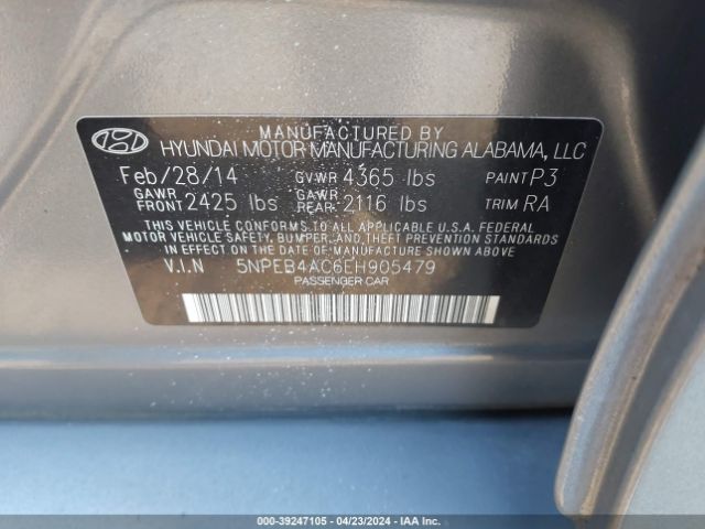 Photo 8 VIN: 5NPEB4AC6EH905479 - HYUNDAI SONATA 