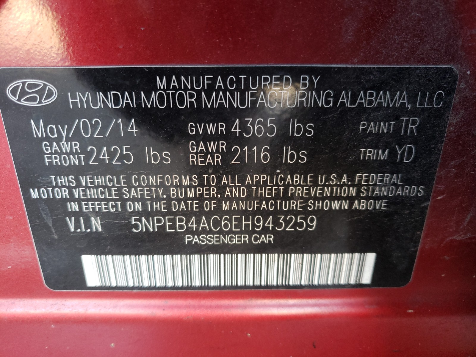 Photo 9 VIN: 5NPEB4AC6EH943259 - HYUNDAI SONATA GLS 