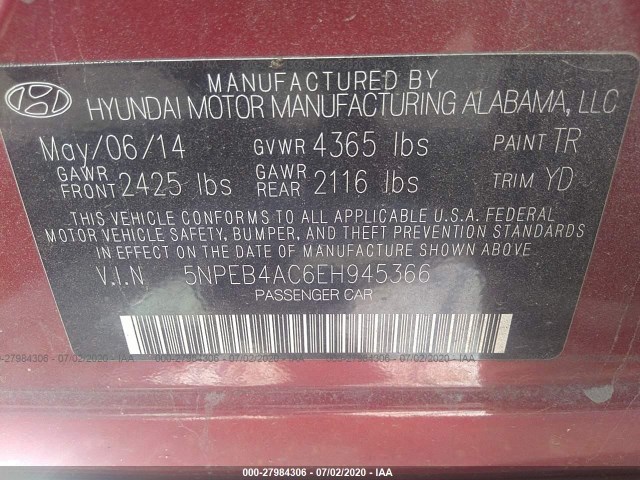 Photo 8 VIN: 5NPEB4AC6EH945366 - HYUNDAI SONATA 