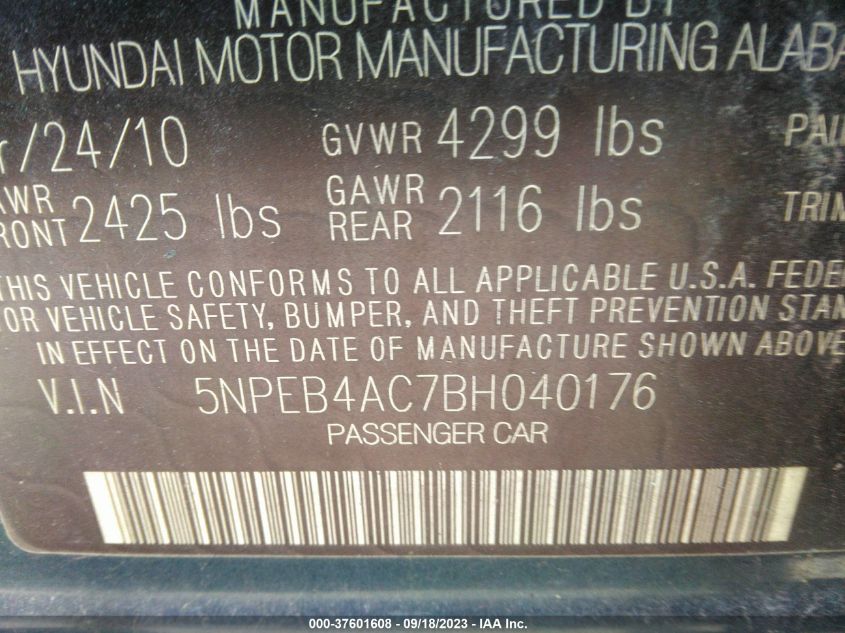 Photo 8 VIN: 5NPEB4AC7BH040176 - HYUNDAI SONATA 