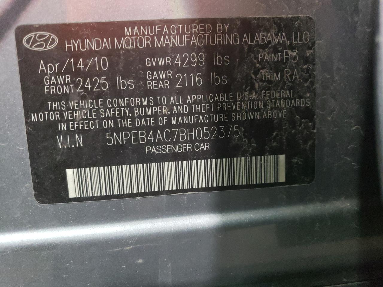 Photo 11 VIN: 5NPEB4AC7BH052375 - HYUNDAI SONATA 