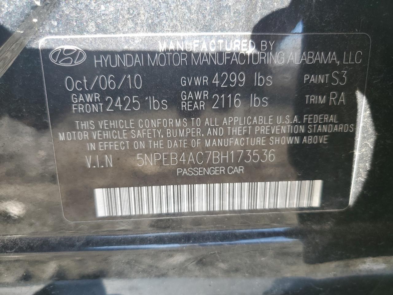 Photo 11 VIN: 5NPEB4AC7BH173536 - HYUNDAI SONATA 