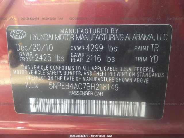 Photo 8 VIN: 5NPEB4AC7BH218149 - HYUNDAI SONATA 