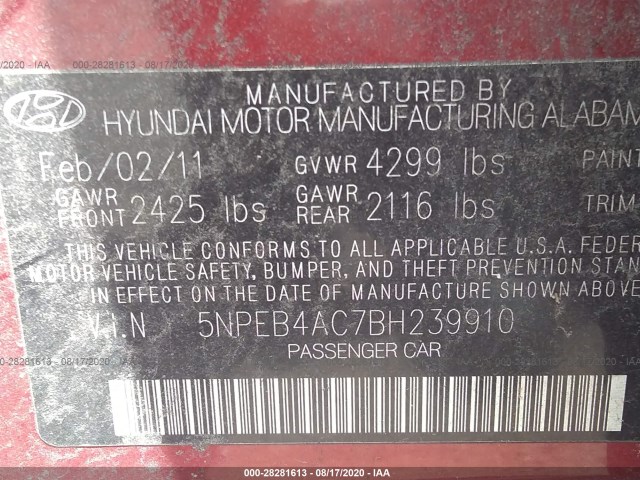 Photo 8 VIN: 5NPEB4AC7BH239910 - HYUNDAI SONATA 