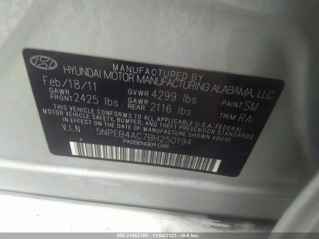 Photo 8 VIN: 5NPEB4AC7BH250194 - HYUNDAI SONATA 