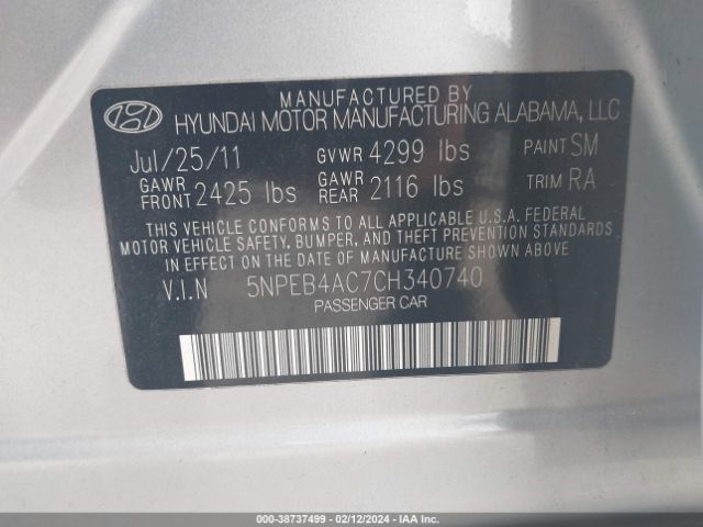 Photo 8 VIN: 5NPEB4AC7CH340740 - HYUNDAI SONATA 