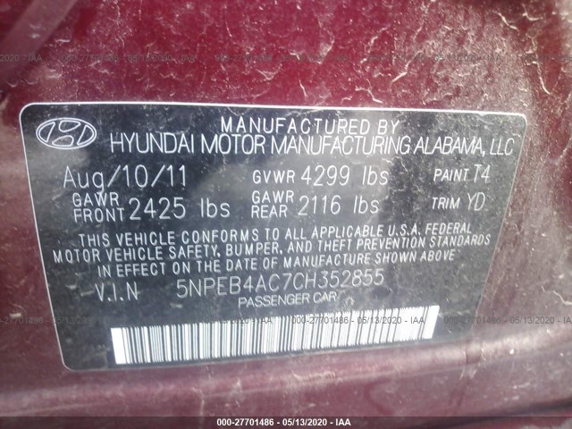 Photo 8 VIN: 5NPEB4AC7CH352855 - HYUNDAI SONATA 