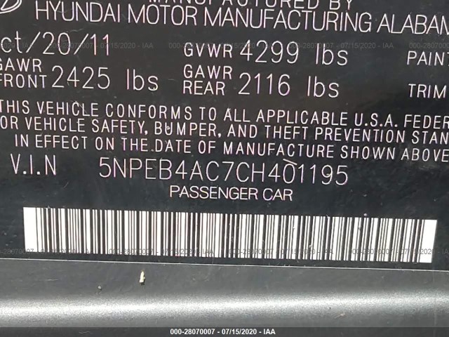 Photo 8 VIN: 5NPEB4AC7CH401195 - HYUNDAI SONATA 