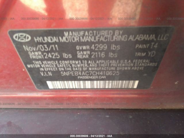 Photo 8 VIN: 5NPEB4AC7CH410625 - HYUNDAI SONATA 