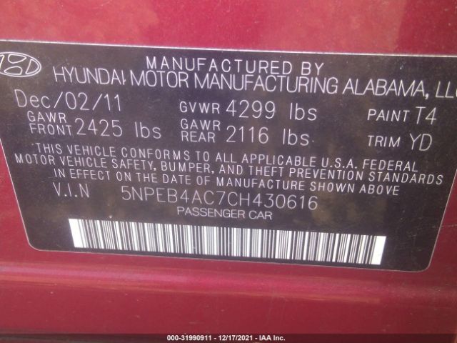 Photo 8 VIN: 5NPEB4AC7CH430616 - HYUNDAI SONATA 