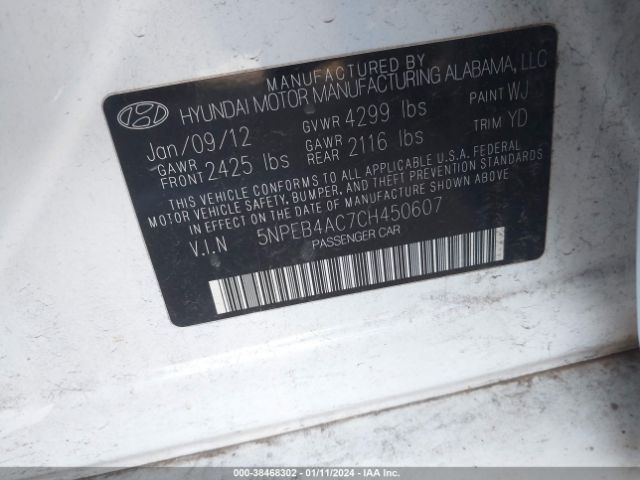 Photo 8 VIN: 5NPEB4AC7CH450607 - HYUNDAI SONATA 