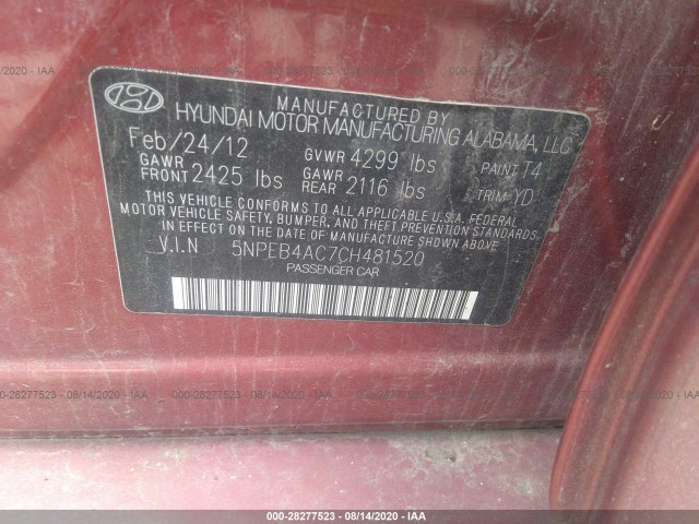 Photo 8 VIN: 5NPEB4AC7CH481520 - HYUNDAI SONATA 