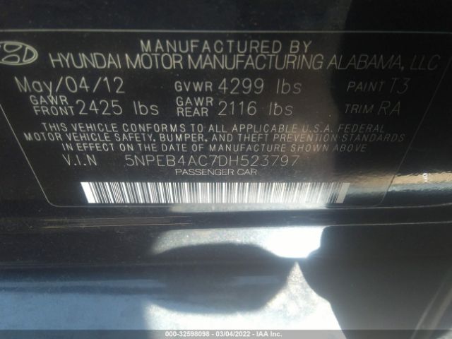 Photo 8 VIN: 5NPEB4AC7DH523797 - HYUNDAI SONATA 