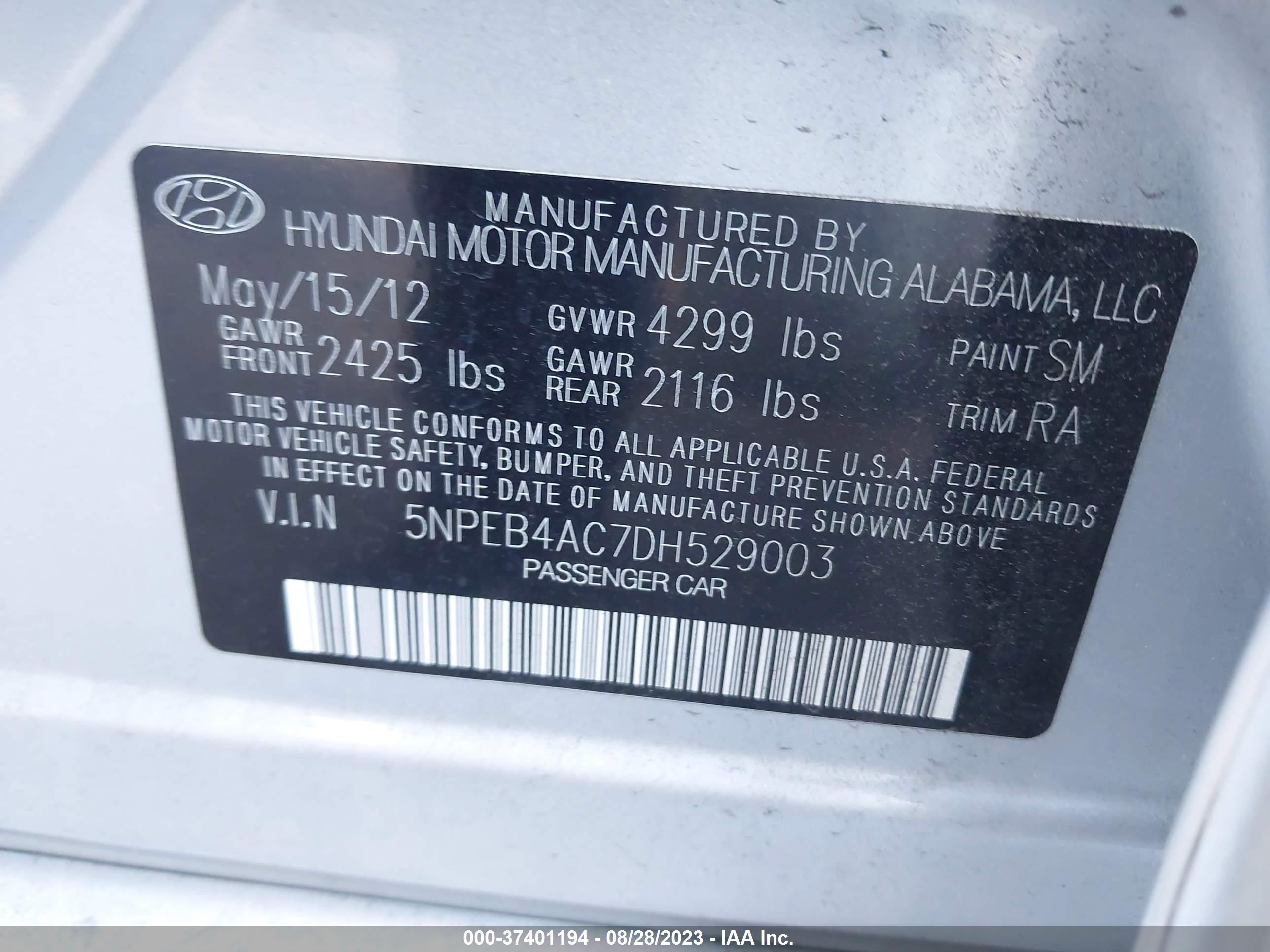 Photo 8 VIN: 5NPEB4AC7DH529003 - HYUNDAI SONATA 