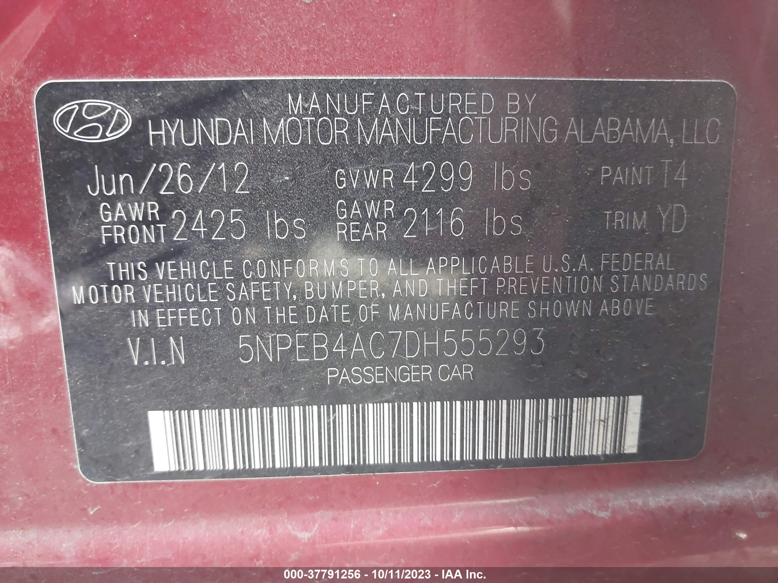 Photo 8 VIN: 5NPEB4AC7DH555293 - HYUNDAI SONATA 