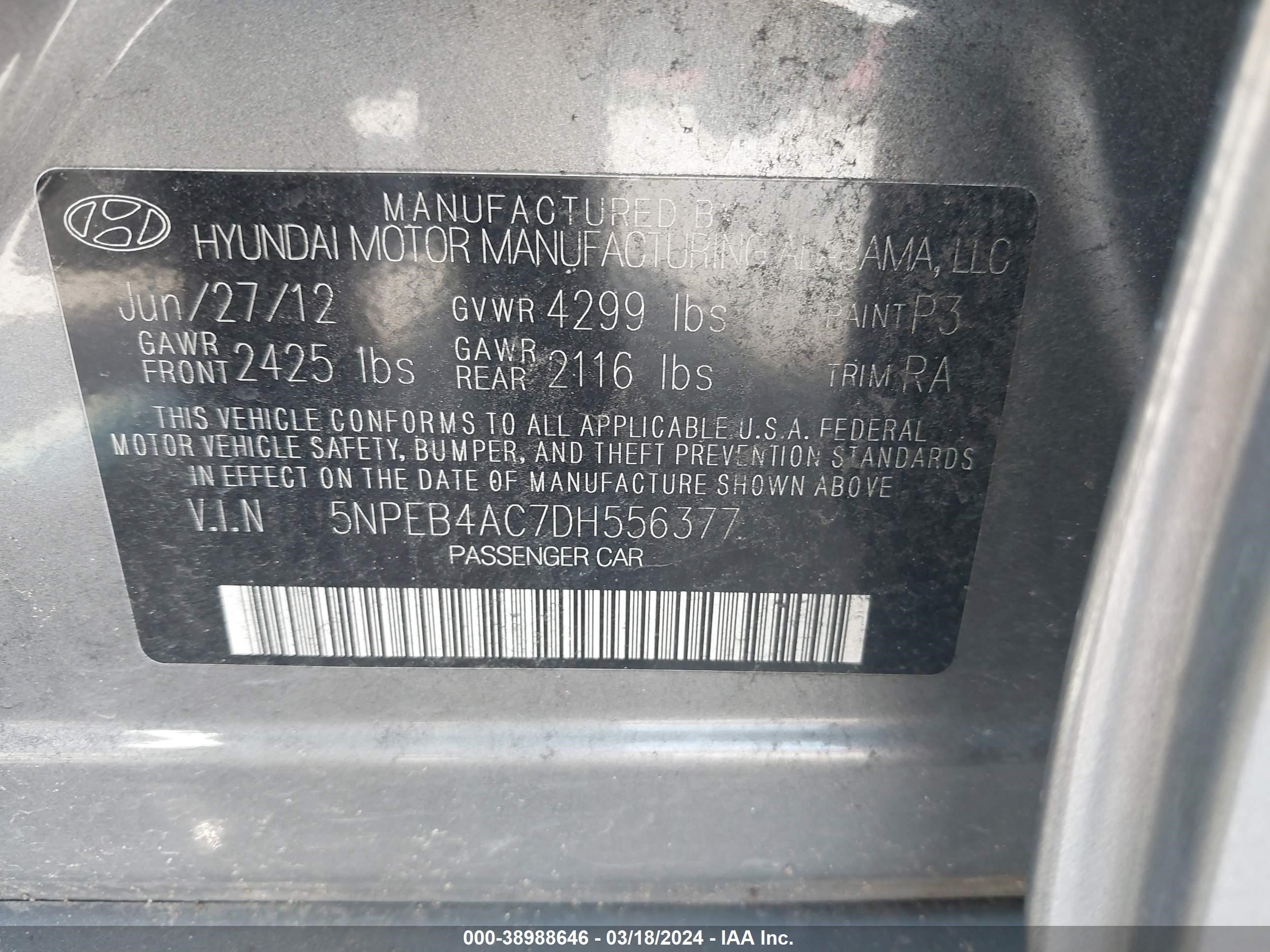 Photo 8 VIN: 5NPEB4AC7DH556377 - HYUNDAI SONATA 