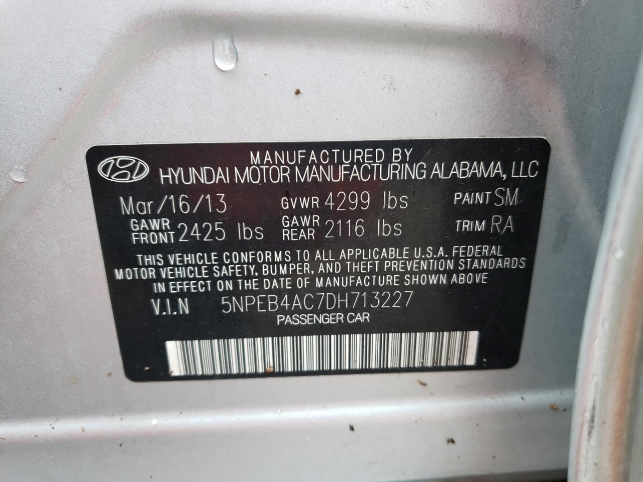 Photo 11 VIN: 5NPEB4AC7DH713227 - HYUNDAI SONATA 