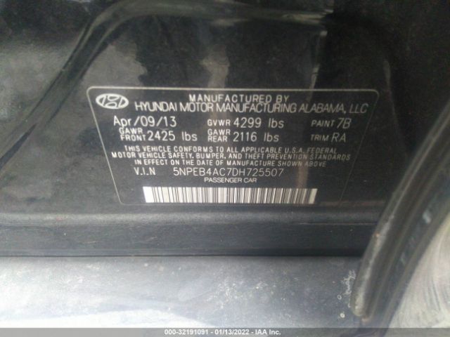 Photo 8 VIN: 5NPEB4AC7DH725507 - HYUNDAI SONATA 