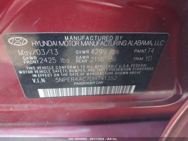 Photo 8 VIN: 5NPEB4AC7DH741352 - HYUNDAI SONATA 