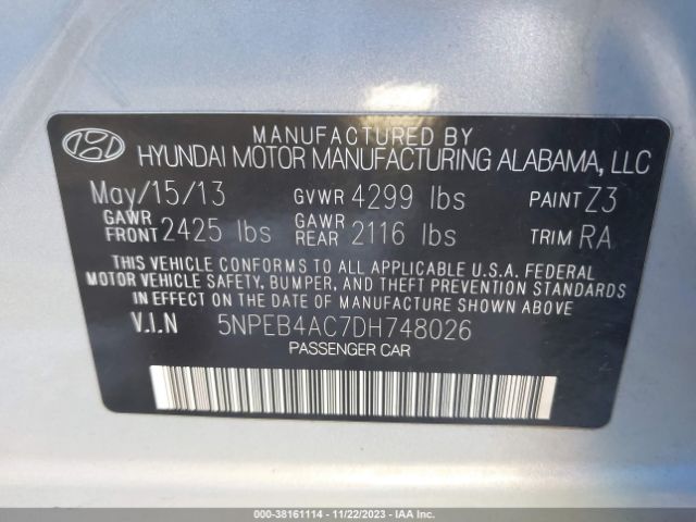 Photo 8 VIN: 5NPEB4AC7DH748026 - HYUNDAI SONATA 