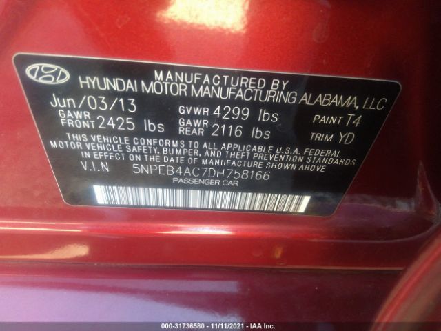 Photo 8 VIN: 5NPEB4AC7DH758166 - HYUNDAI SONATA 