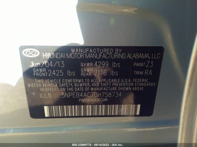 Photo 8 VIN: 5NPEB4AC7DH758734 - HYUNDAI SONATA 