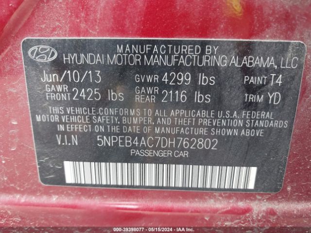 Photo 8 VIN: 5NPEB4AC7DH762802 - HYUNDAI SONATA 