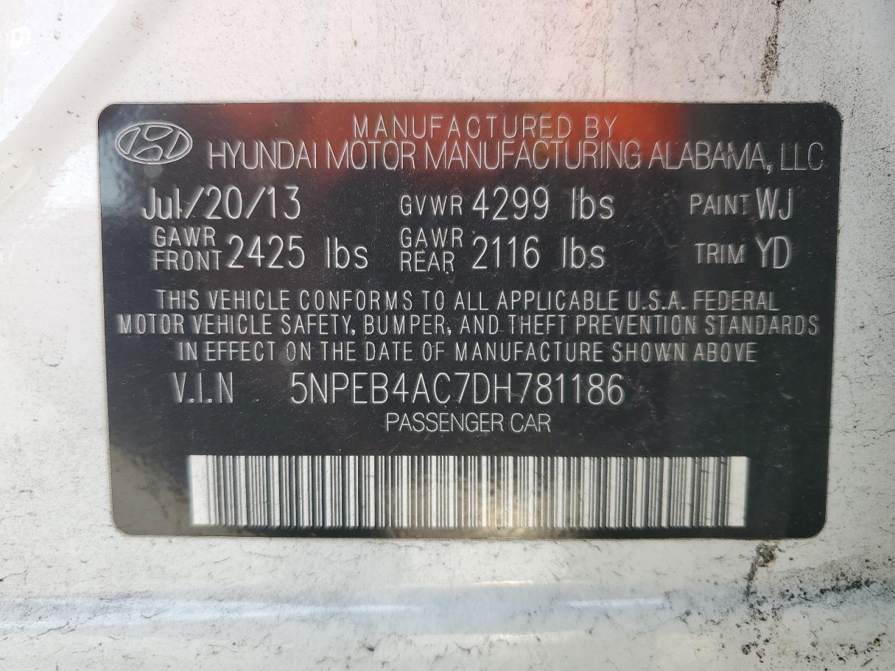 Photo 11 VIN: 5NPEB4AC7DH781186 - HYUNDAI SONATA 