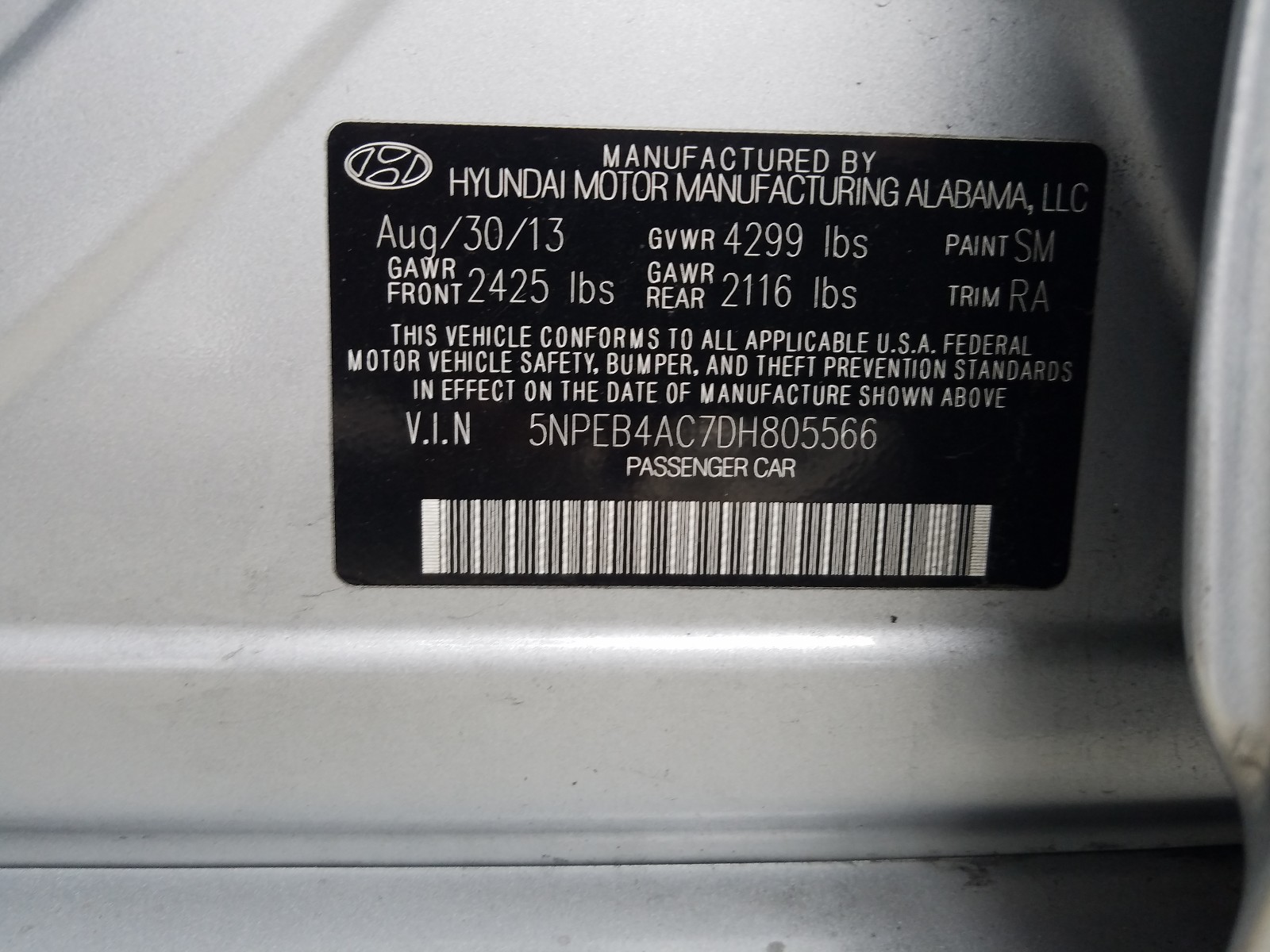 Photo 9 VIN: 5NPEB4AC7DH805566 - HYUNDAI SONATA GLS 