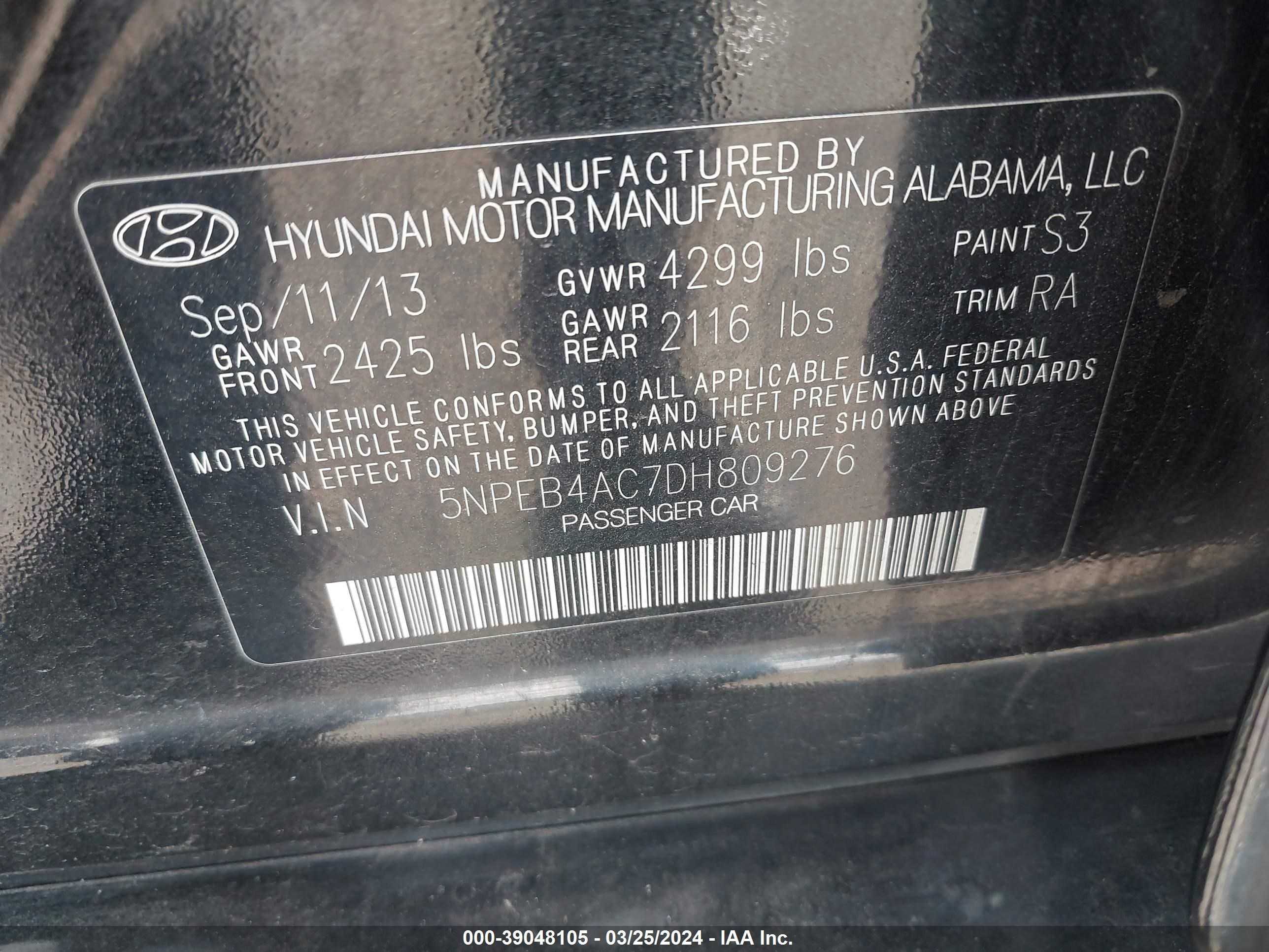 Photo 8 VIN: 5NPEB4AC7DH809276 - HYUNDAI SONATA 