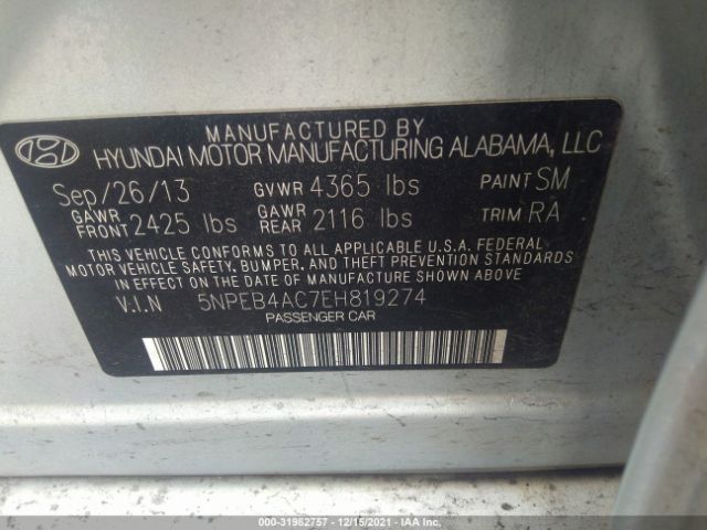 Photo 8 VIN: 5NPEB4AC7EH819274 - HYUNDAI SONATA 