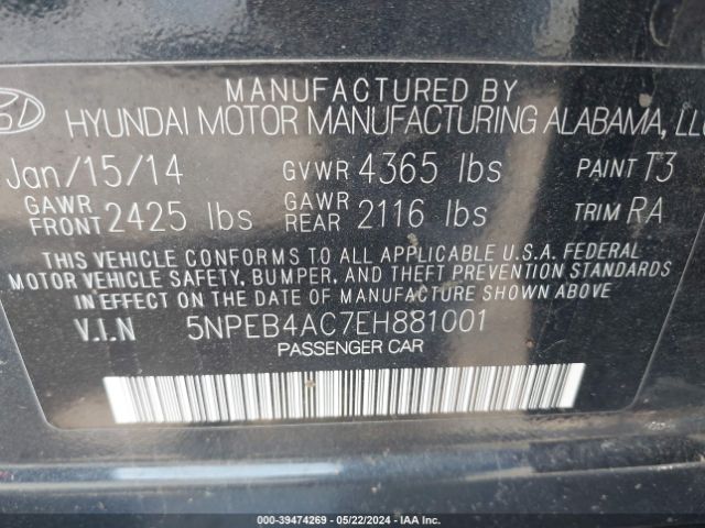 Photo 8 VIN: 5NPEB4AC7EH881001 - HYUNDAI SONATA 