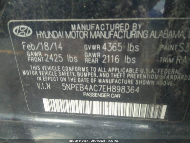 Photo 8 VIN: 5NPEB4AC7EH898364 - HYUNDAI SONATA 