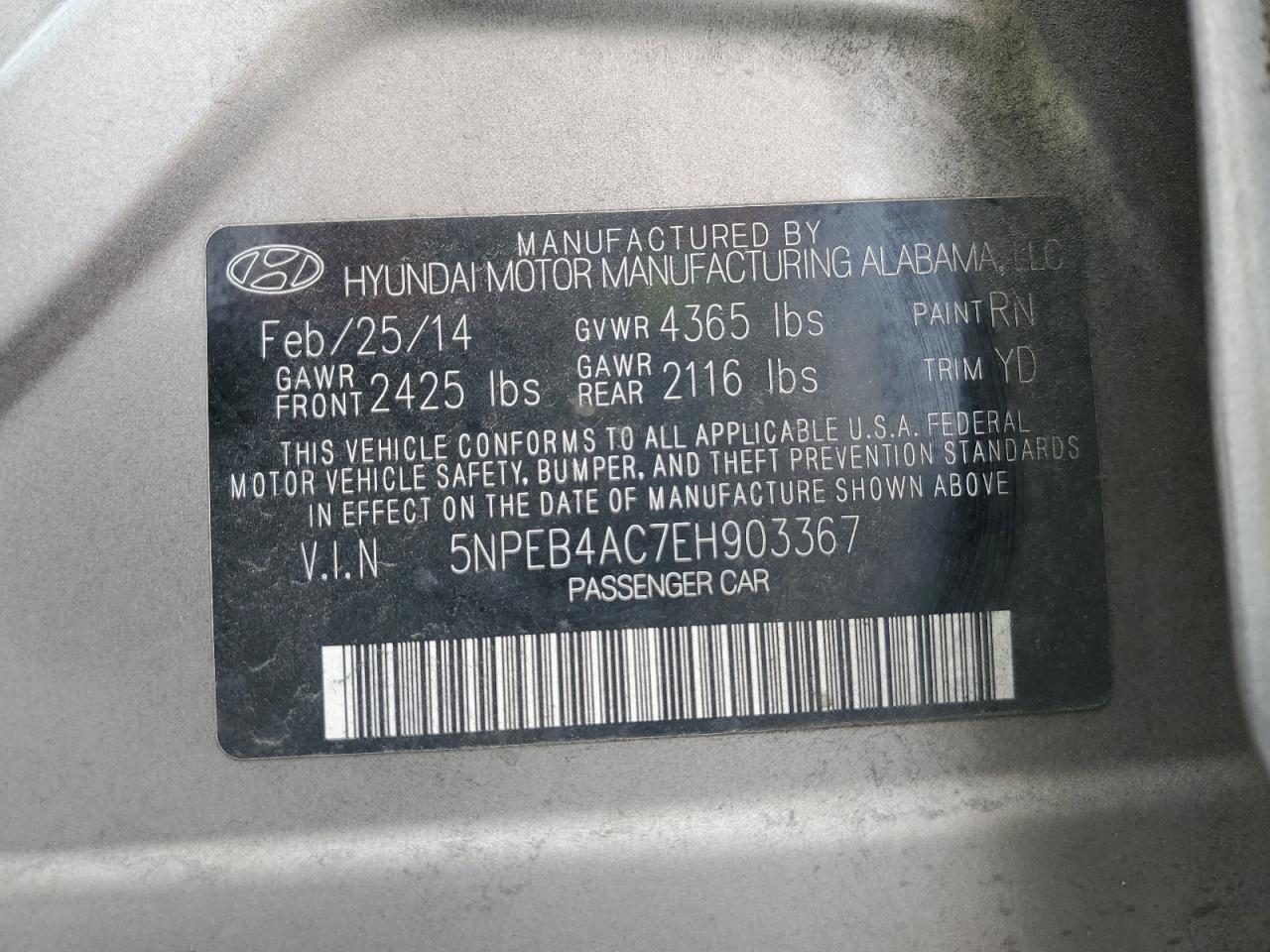 Photo 11 VIN: 5NPEB4AC7EH903367 - HYUNDAI SONATA 