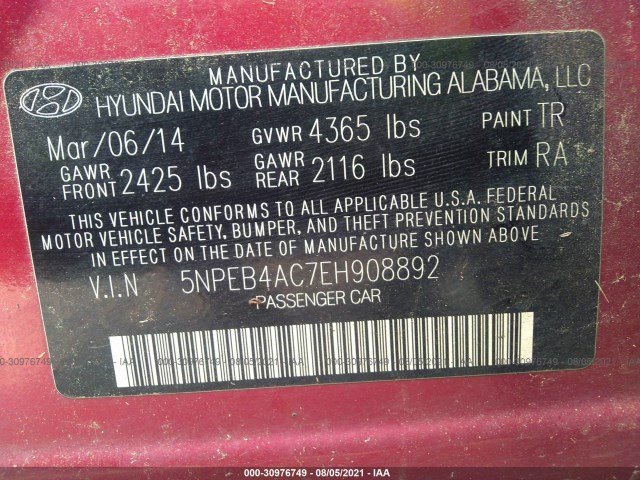 Photo 8 VIN: 5NPEB4AC7EH908892 - HYUNDAI SONATA 