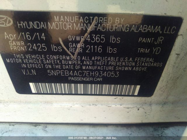 Photo 8 VIN: 5NPEB4AC7EH934053 - HYUNDAI SONATA 