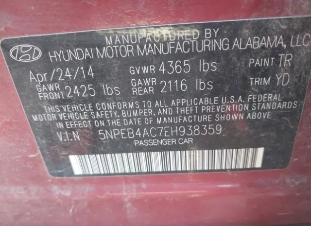 Photo 8 VIN: 5NPEB4AC7EH938359 - HYUNDAI SONATA 