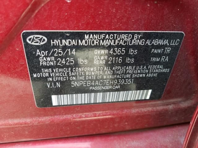 Photo 9 VIN: 5NPEB4AC7EH939351 - HYUNDAI SONATA GLS 