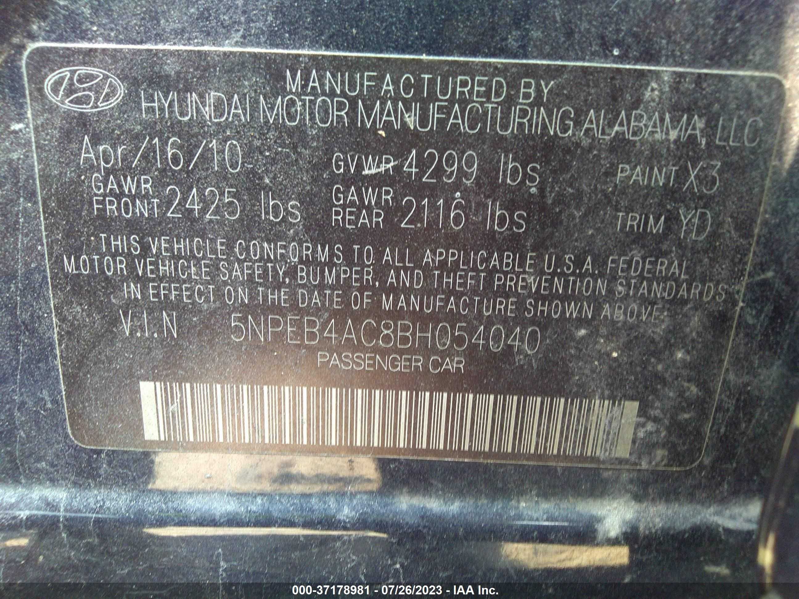 Photo 8 VIN: 5NPEB4AC8BH054040 - HYUNDAI SONATA 