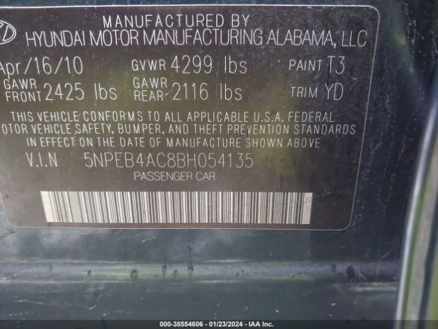 Photo 8 VIN: 5NPEB4AC8BH054135 - HYUNDAI SONATA 