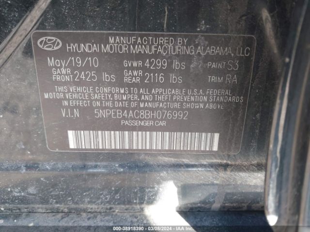 Photo 8 VIN: 5NPEB4AC8BH076992 - HYUNDAI SONATA 