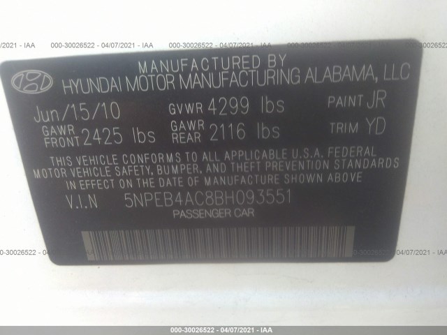 Photo 8 VIN: 5NPEB4AC8BH093551 - HYUNDAI SONATA 