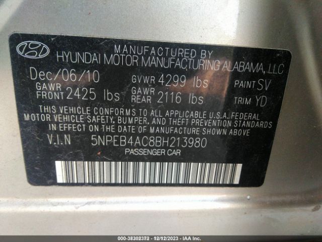 Photo 8 VIN: 5NPEB4AC8BH213980 - HYUNDAI SONATA 