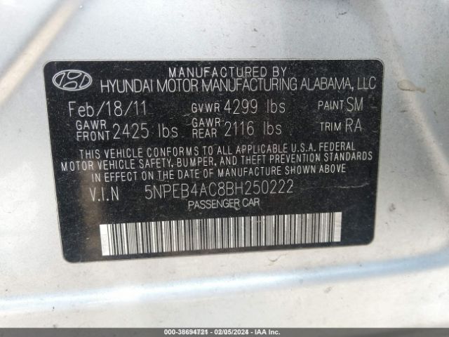 Photo 8 VIN: 5NPEB4AC8BH250222 - HYUNDAI SONATA 