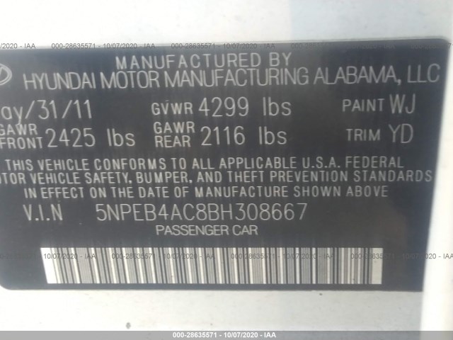 Photo 8 VIN: 5NPEB4AC8BH308667 - HYUNDAI SONATA 