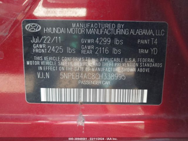 Photo 8 VIN: 5NPEB4AC8CH338995 - HYUNDAI SONATA 