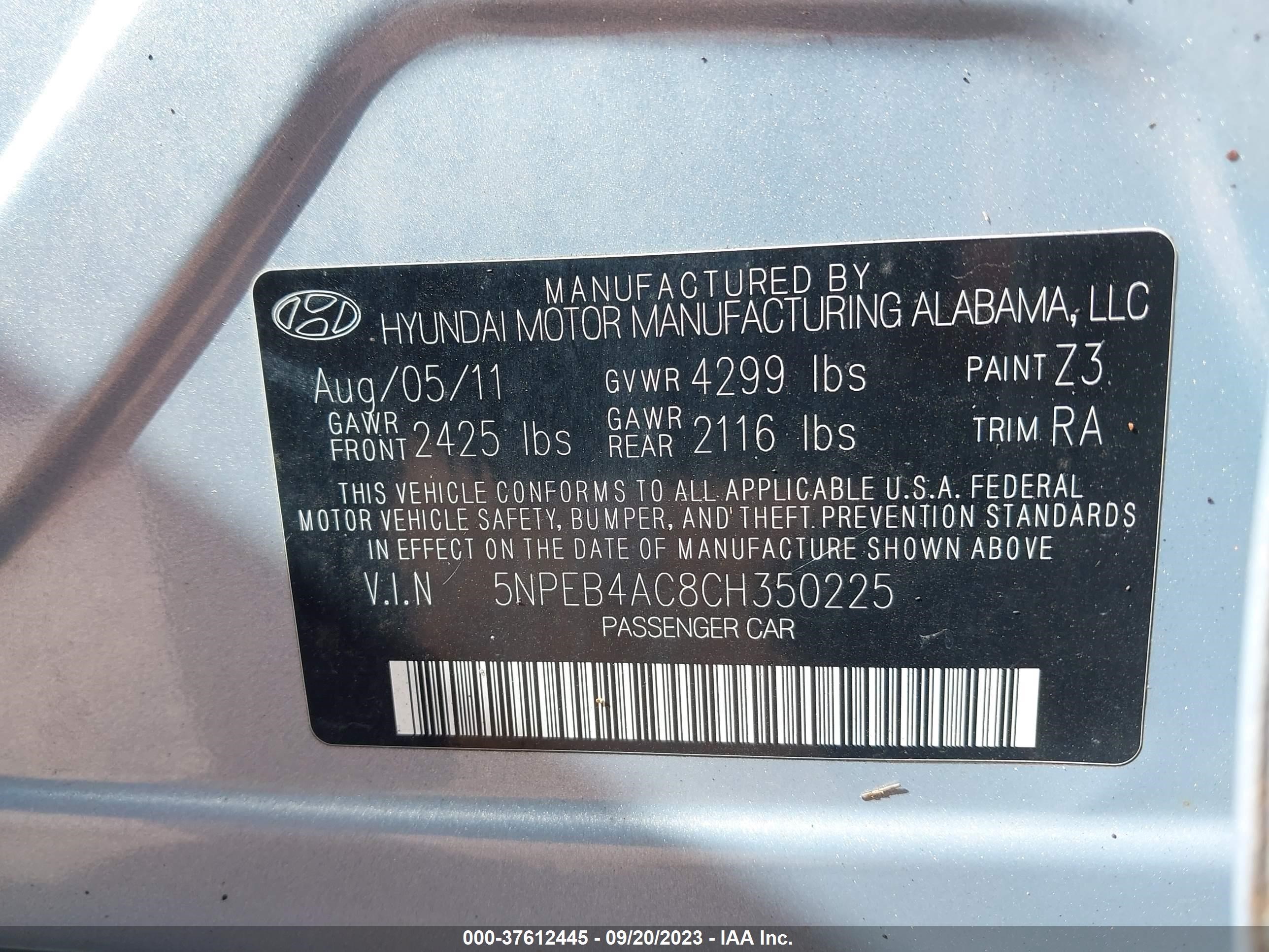 Photo 8 VIN: 5NPEB4AC8CH350225 - HYUNDAI SONATA 